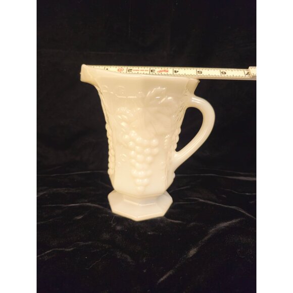 Vintage Milk Glass Pitcher With Embossed Grape Vine Design & Hexagonal Base - Picture 3 of 7